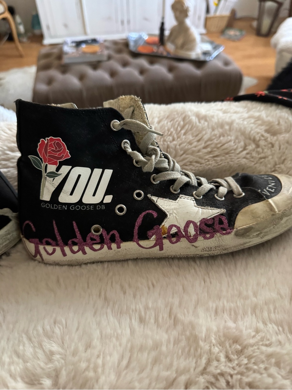 Golden Goose Black High-Top Sneaker with Pink Script